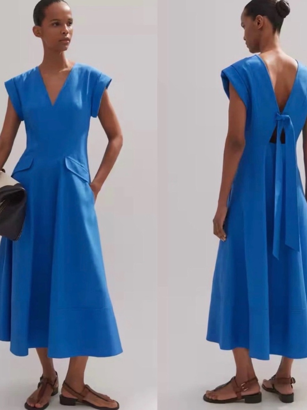 ME + EM Viscose Blend Textured Tailored Flare Midi Dress In Super Blue